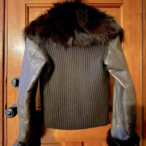 Small rabbit fur lined leather jacket with fox fur collar